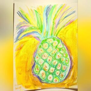 Wendy Gell art iridescent watercolor magical pineapple gold background.